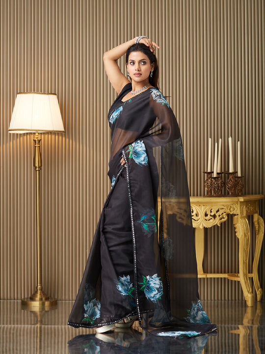 Black Organza Printed Saree With Blouse Piece