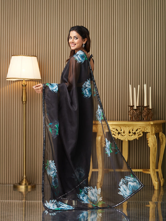 Black Organza Printed Saree With Blouse Piece