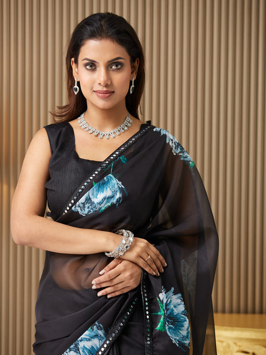 Black Organza Printed Saree With Blouse Piece
