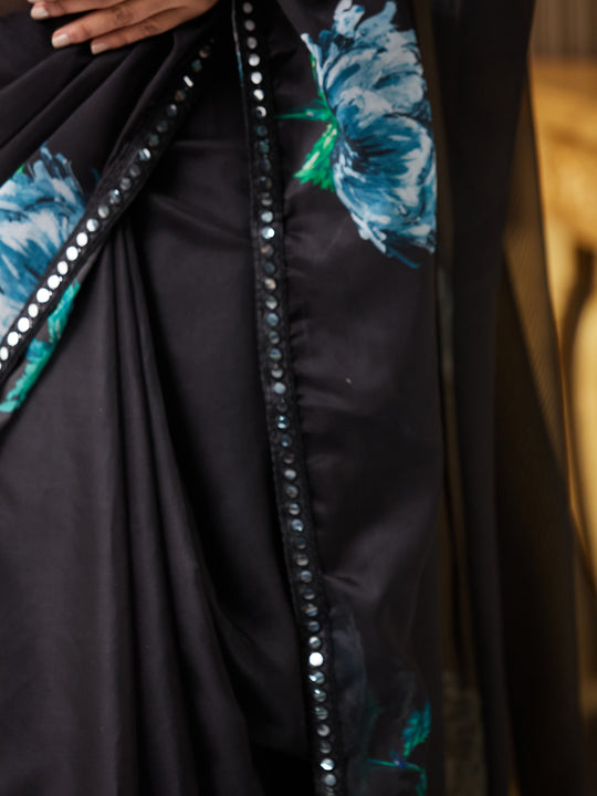 Black Organza Printed Saree With Blouse Piece