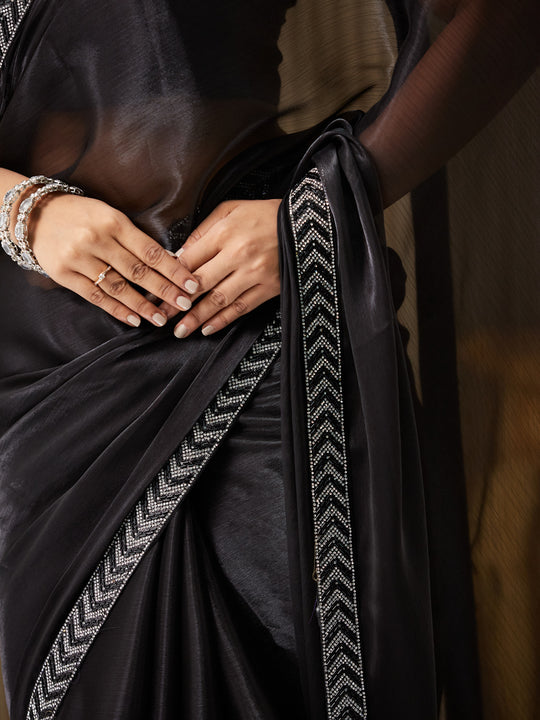 Black Burberry Embellished Saree With Blouse Piece