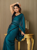 Teal Georgette Embellished Saree With Blouse Piece