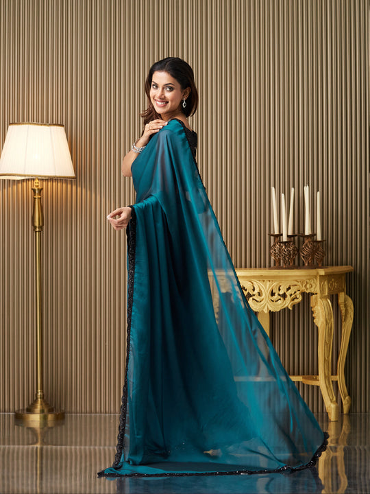 Teal Georgette Embellished Saree With Blouse Piece
