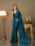 Teal Georgette Embellished Saree With Blouse Piece