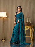 Teal Georgette Embellished Saree With Blouse Piece