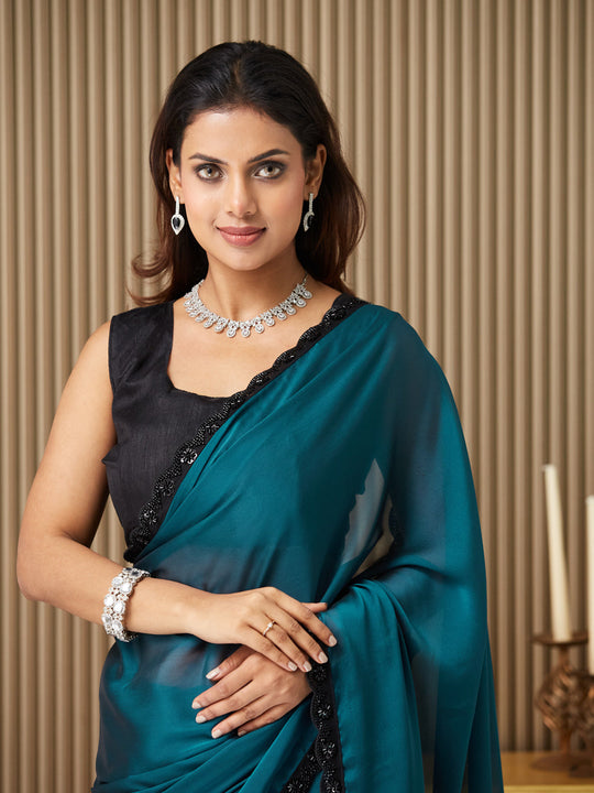 Teal Georgette Embellished Saree With Blouse Piece