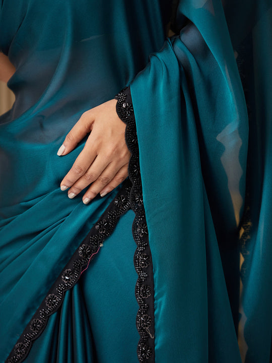 Teal Georgette Embellished Saree With Blouse Piece
