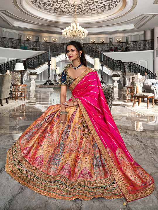 Multicolor & Royal Blue Banarasi Silk Semi Stitched Lehenga