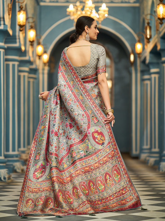GreyPashmina  Soft Silk Festive Wear Saree With Blouse Piece
