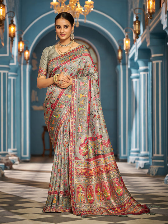 GreyPashmina  Soft Silk Festive Wear Saree With Blouse Piece