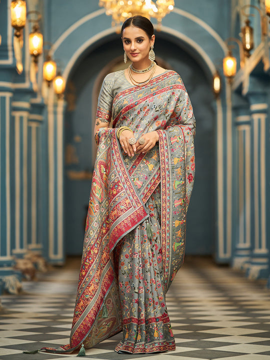 GreyPashmina  Soft Silk Festive Wear Saree With Blouse Piece