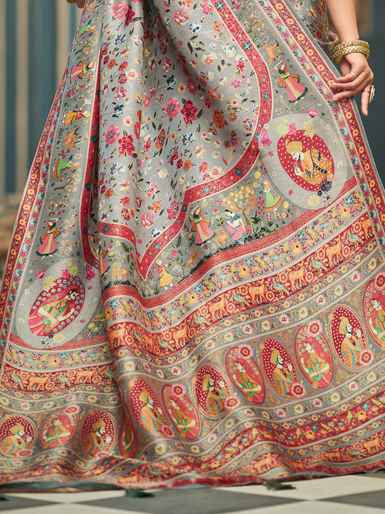 GreyPashmina  Soft Silk Festive Wear Saree With Blouse Piece