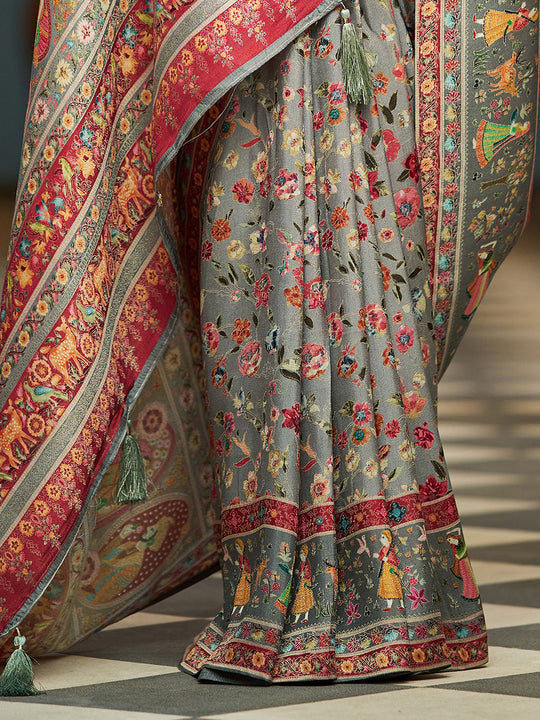 GreyPashmina  Soft Silk Festive Wear Saree With Blouse Piece