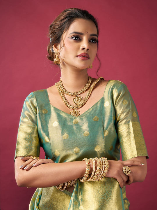 Green Tissue Silk With Weaving Silk Saree With Zhallar Saree With Blouse Piece