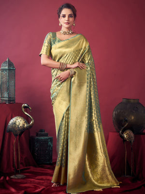 Green Tissue Silk With Weaving Silk Saree With Zhallar Saree With Blouse Piece