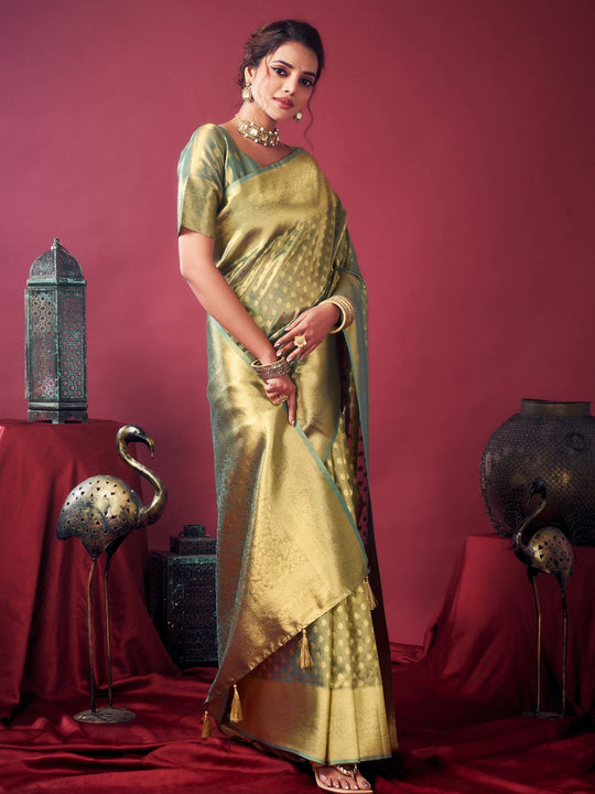 Green Tissue Silk With Weaving Silk Saree With Zhallar Saree With Blouse Piece