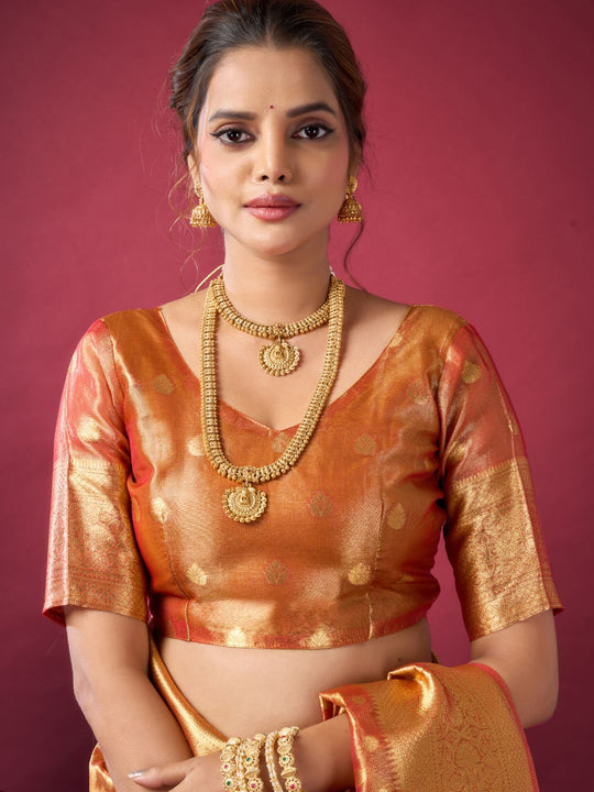 Orange Tissue Silk With Weaving Silk Saree With Zhallar Saree With Blouse Piece