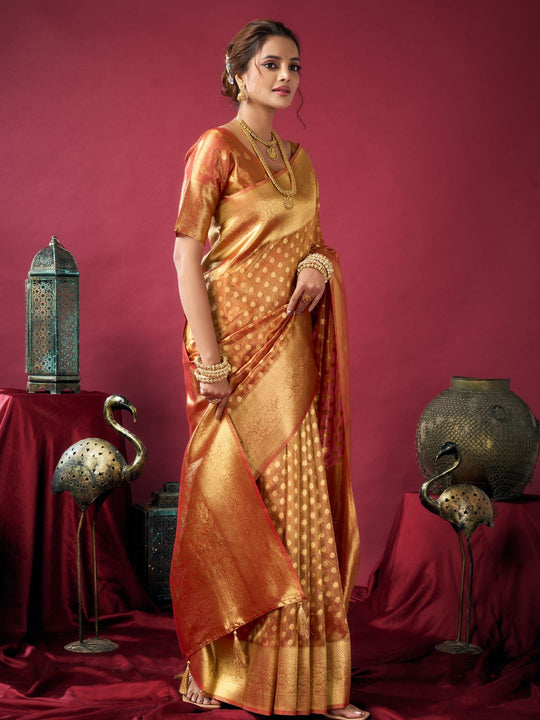 Orange Tissue Silk With Weaving Silk Saree With Zhallar Saree With Blouse Piece