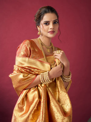 Orange Tissue Silk With Weaving Silk Saree With Zhallar Saree With Blouse Piece