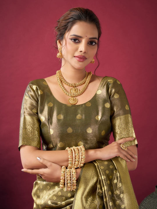 Mehndi Green Tissue Silk With Weaving Silk Saree With Zhallar Saree With Blouse Piece