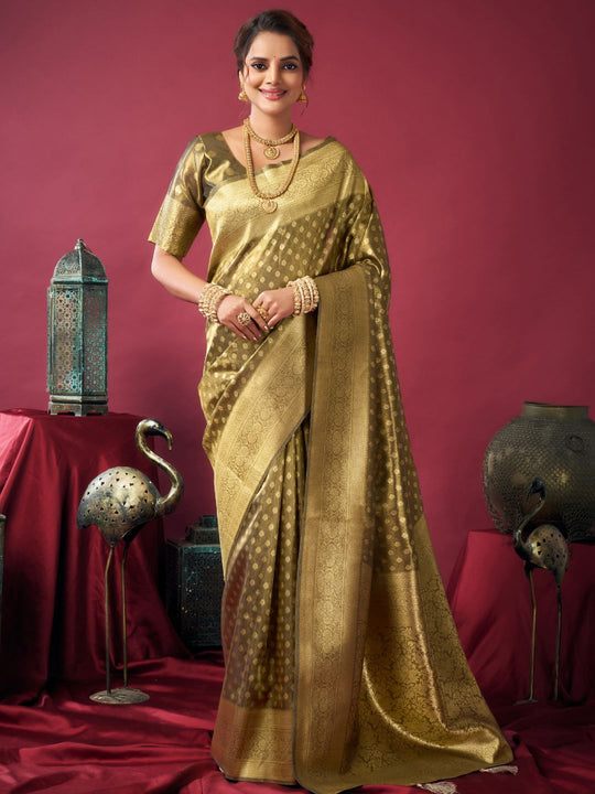 Mehndi Green Tissue Silk With Weaving Silk Saree With Zhallar Saree With Blouse Piece