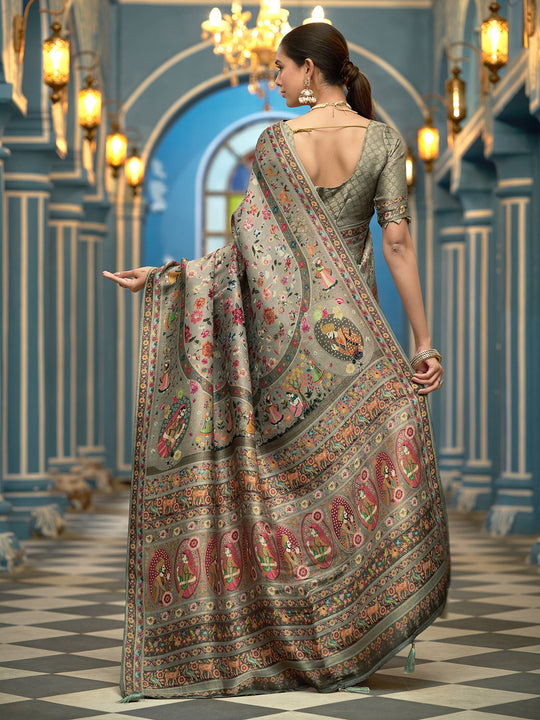 Grey Pashmina Soft Silk Festive Wear Saree With Blouse Piece