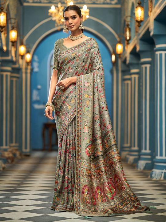 Grey Pashmina Soft Silk Festive Wear Saree With Blouse Piece