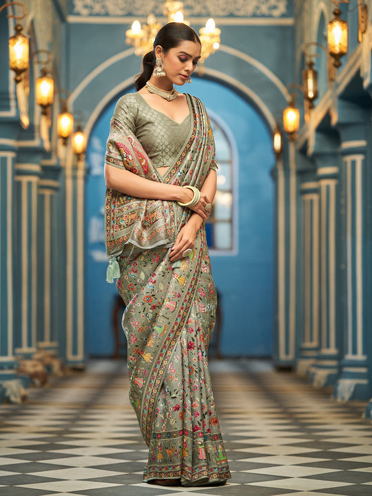 Grey Pashmina Soft Silk Festive Wear Saree With Blouse Piece
