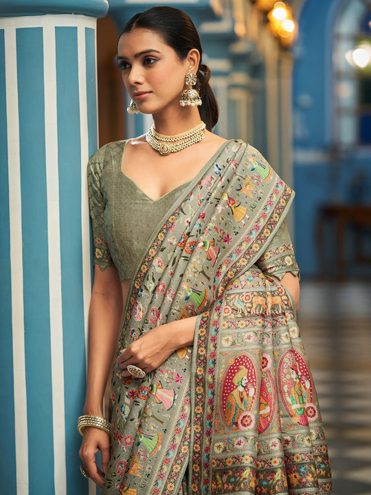 Grey Pashmina Soft Silk Festive Wear Saree With Blouse Piece