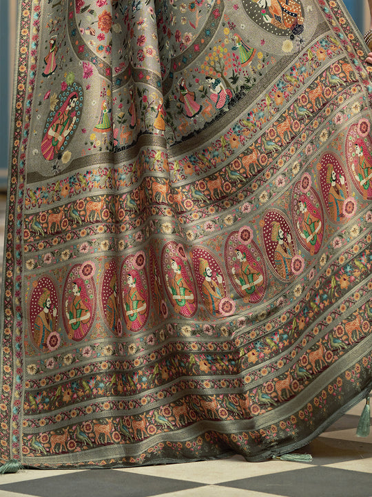 Grey Pashmina Soft Silk Festive Wear Saree With Blouse Piece