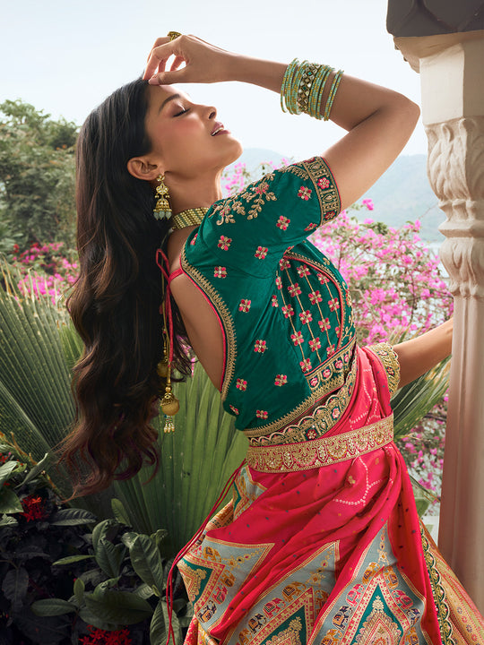 Multicolor & Green Banarasi Silk Lehenga Choli