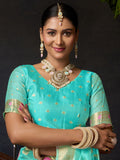 Sky Blue Organza Khadi With Weaving Silk Saree With Zhallar  Saree With Blouse Piece