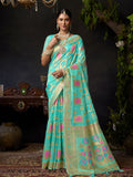 Sky Blue Organza Khadi With Weaving Silk Saree With Zhallar  Saree With Blouse Piece