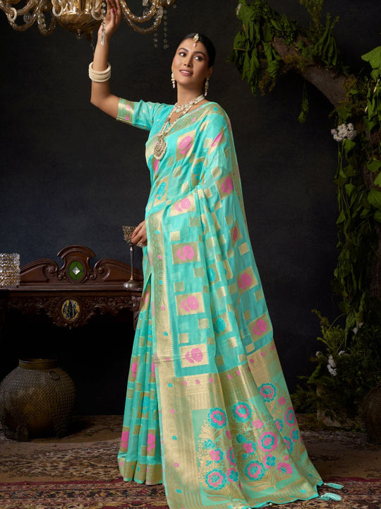 Sky Blue Organza Khadi With Weaving Silk Saree With Zhallar  Saree With Blouse Piece