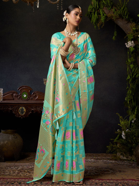 Sky Blue Organza Khadi With Weaving Silk Saree With Zhallar  Saree With Blouse Piece