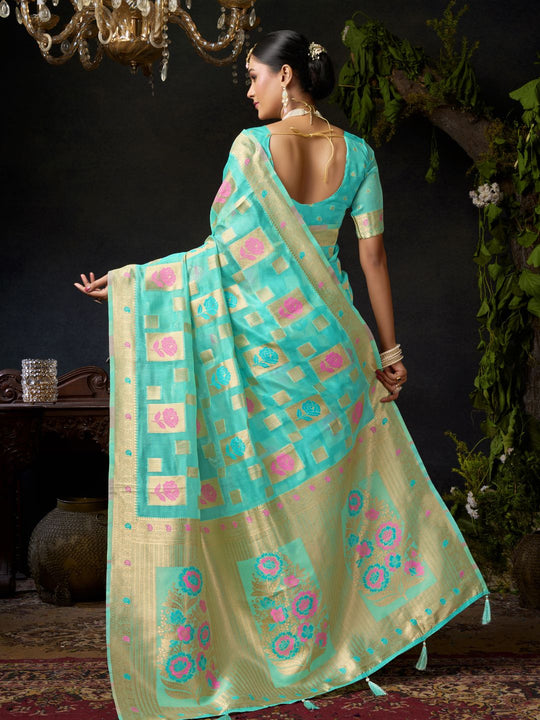 Sky Blue Organza Khadi With Weaving Silk Saree With Zhallar  Saree With Blouse Piece