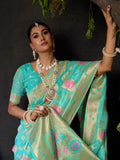 Sky Blue Organza Khadi With Weaving Silk Saree With Zhallar  Saree With Blouse Piece