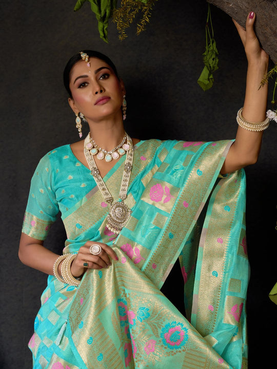 Sky Blue Organza Khadi With Weaving Silk Saree With Zhallar  Saree With Blouse Piece