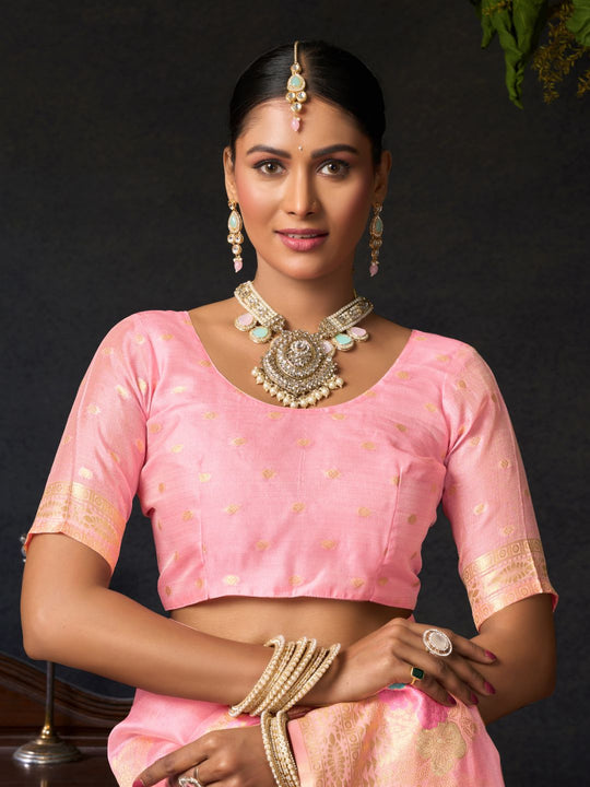 Pink Organza Khadi With Weaving Silk Saree With Zhallar  Saree With Blouse Piece