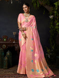 Pink Organza Khadi With Weaving Silk Saree With Zhallar  Saree With Blouse Piece