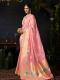 Pink Organza Khadi With Weaving Silk Saree With Zhallar  Saree With Blouse Piece