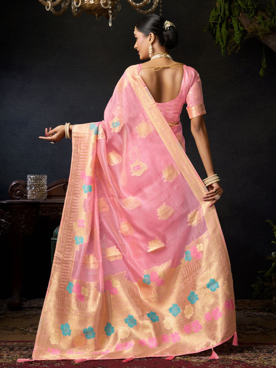 Pink Organza Khadi With Weaving Silk Saree With Zhallar  Saree With Blouse Piece