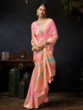 Pink Organza Khadi With Weaving Silk Saree With Zhallar  Saree With Blouse Piece