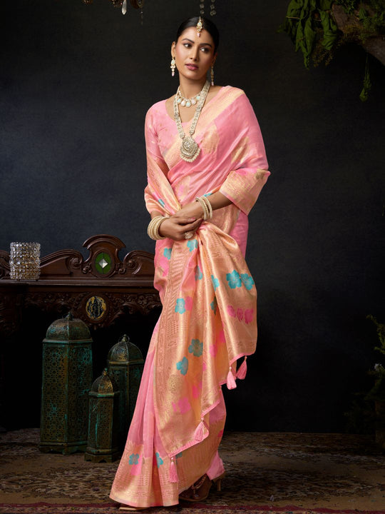 Pink Organza Khadi With Weaving Silk Saree With Zhallar  Saree With Blouse Piece
