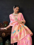 Pink Organza Khadi With Weaving Silk Saree With Zhallar  Saree With Blouse Piece
