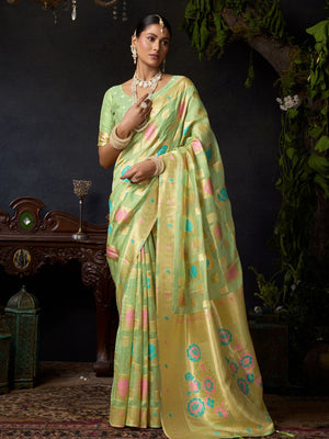 Pista Green Organza Khadi With Weaving Silk Saree With Zhallar  Saree With Blouse Piece