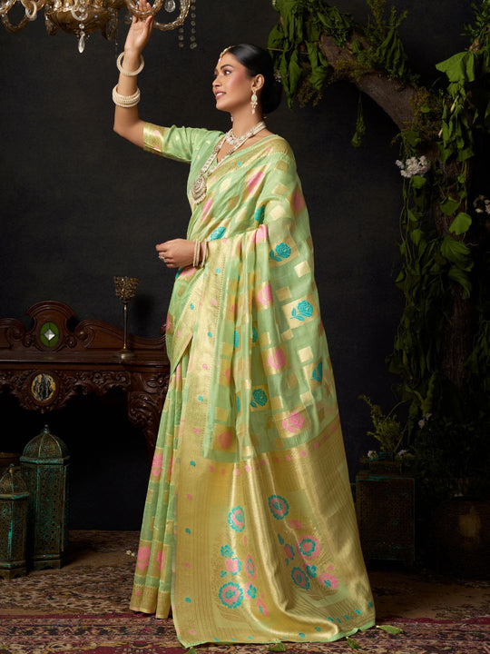 Pista Green Organza Khadi With Weaving Silk Saree With Zhallar  Saree With Blouse Piece