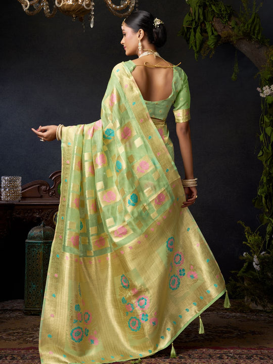 Pista Green Organza Khadi With Weaving Silk Saree With Zhallar  Saree With Blouse Piece