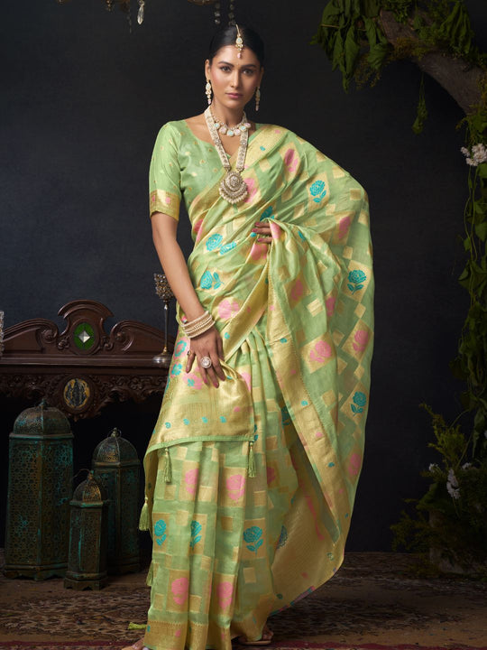 Pista Green Organza Khadi With Weaving Silk Saree With Zhallar  Saree With Blouse Piece