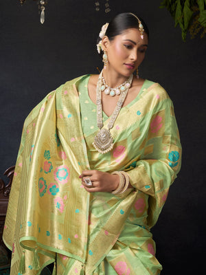 Pista Green Organza Khadi With Weaving Silk Saree With Zhallar  Saree With Blouse Piece
